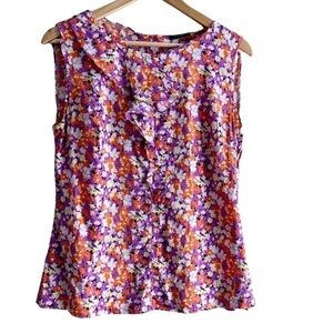 Anthropologie Leifsdottir Silk Ruffle Sleeveless Blouse Orange/Purple Florals, 8